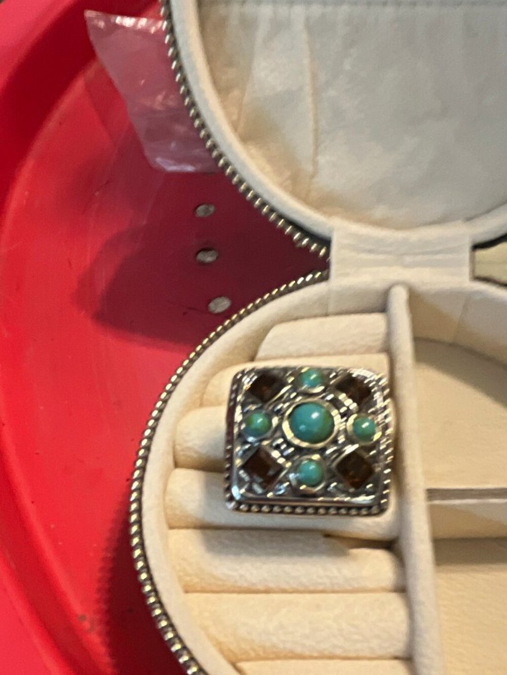 Silver-Tone Cocktail Ring Size 9, Square Turquoise Cluster, 5 Round Stones